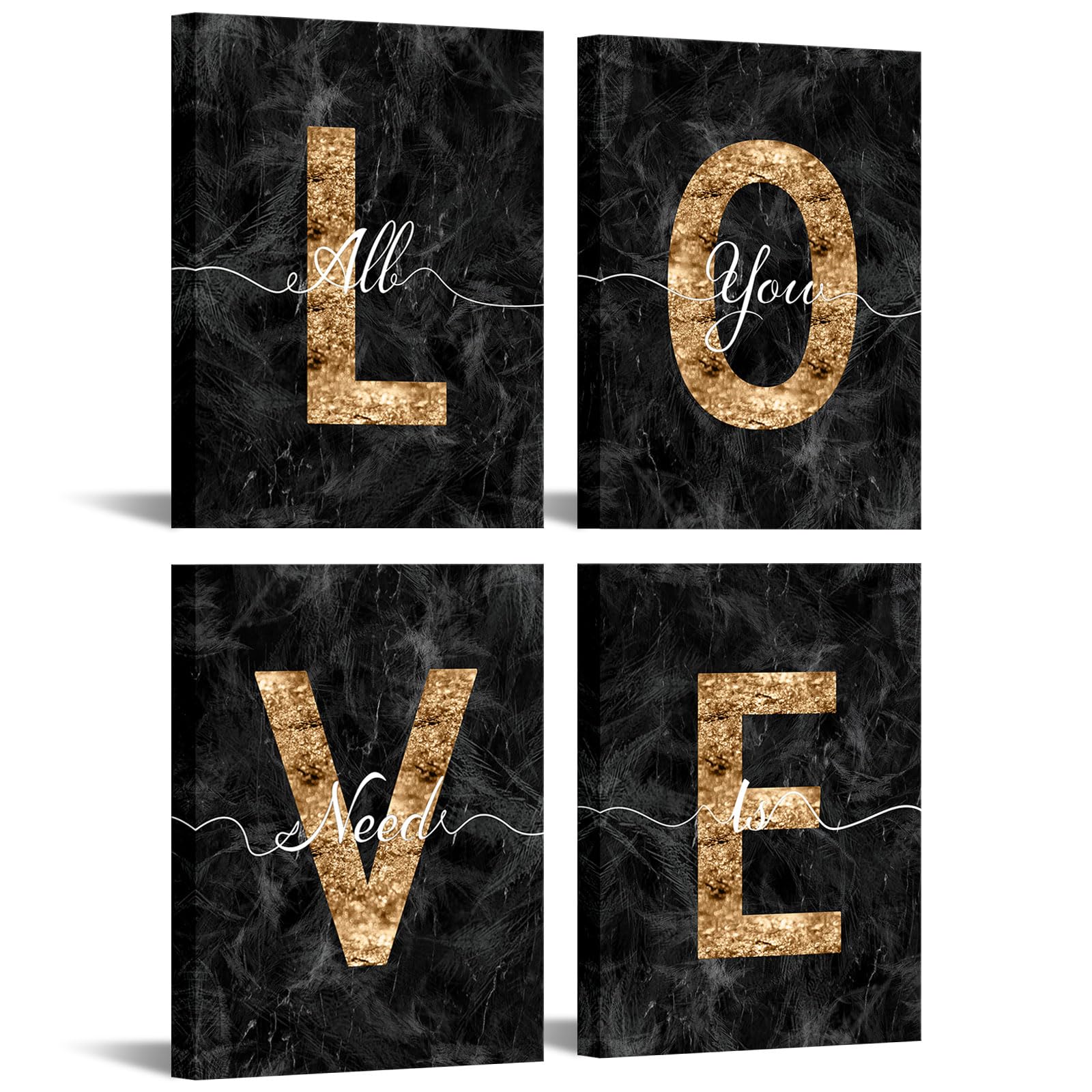 sechars Glam Black and Gold Canvas Wall Art All You Need is Love Sign Decor Fashion Glitter Marble Love Quotes for Girl Women Bedroom Bathroom