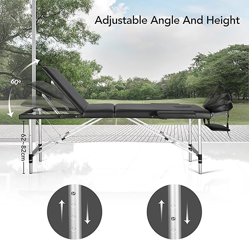 Miniatura 6 de Careboda Mesa de masaje portátil de 3 pliegues de 23.6 pulgadas de ancho, cama de masaje de aluminio ajustable en altura con reposacabezas,