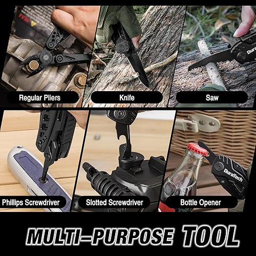 Miniatura 7 de DURATECH Cuchillo multiherramienta 11 en 1, cuchillo de bolsillo multiherramienta de acero inoxidable con hoja grande, alicates, destornilladores,