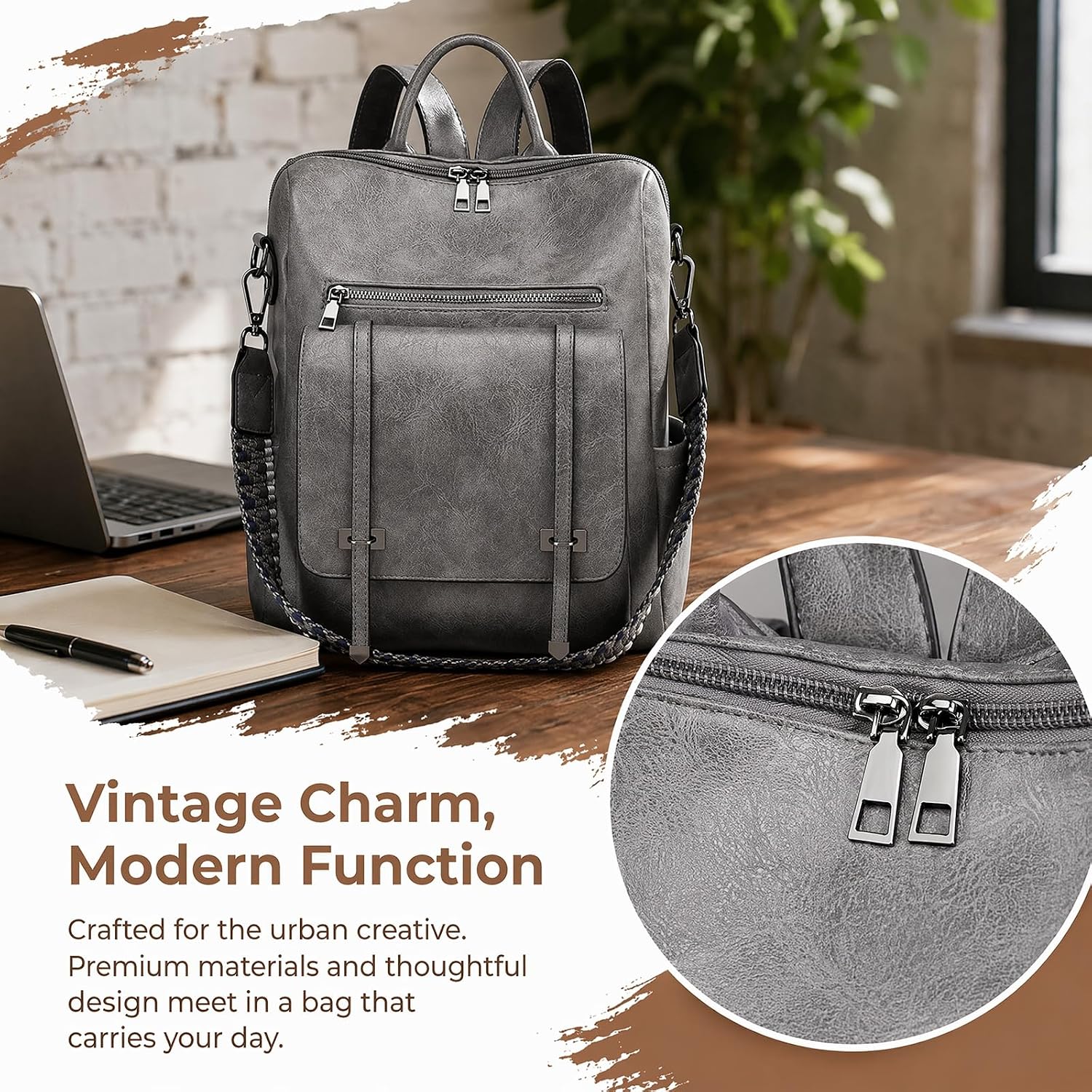 Women Vintage Waterproof PU Leather Convertible Rucksack, Anti-Theft Multi-Pocket Satchel and Shoulder Bag for Daily School Travel,Brown