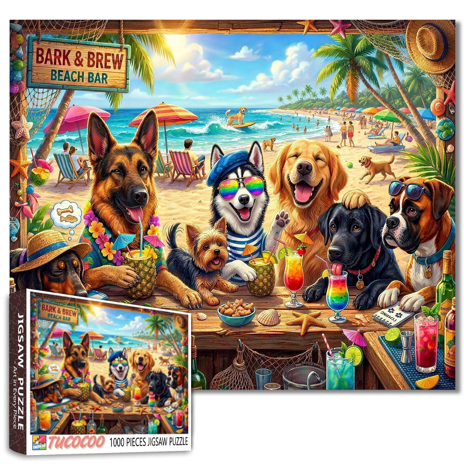 Beach Bar Dogs Jigsaw Puzzles for Adults Pet Friends Gathering 1000 Pieces Puzzles for Challenging Family Activity Games Art Jigsaw Puzzle DIY Craft Puzzles Home Decor 19.7 x 27.6 Inches — image 1