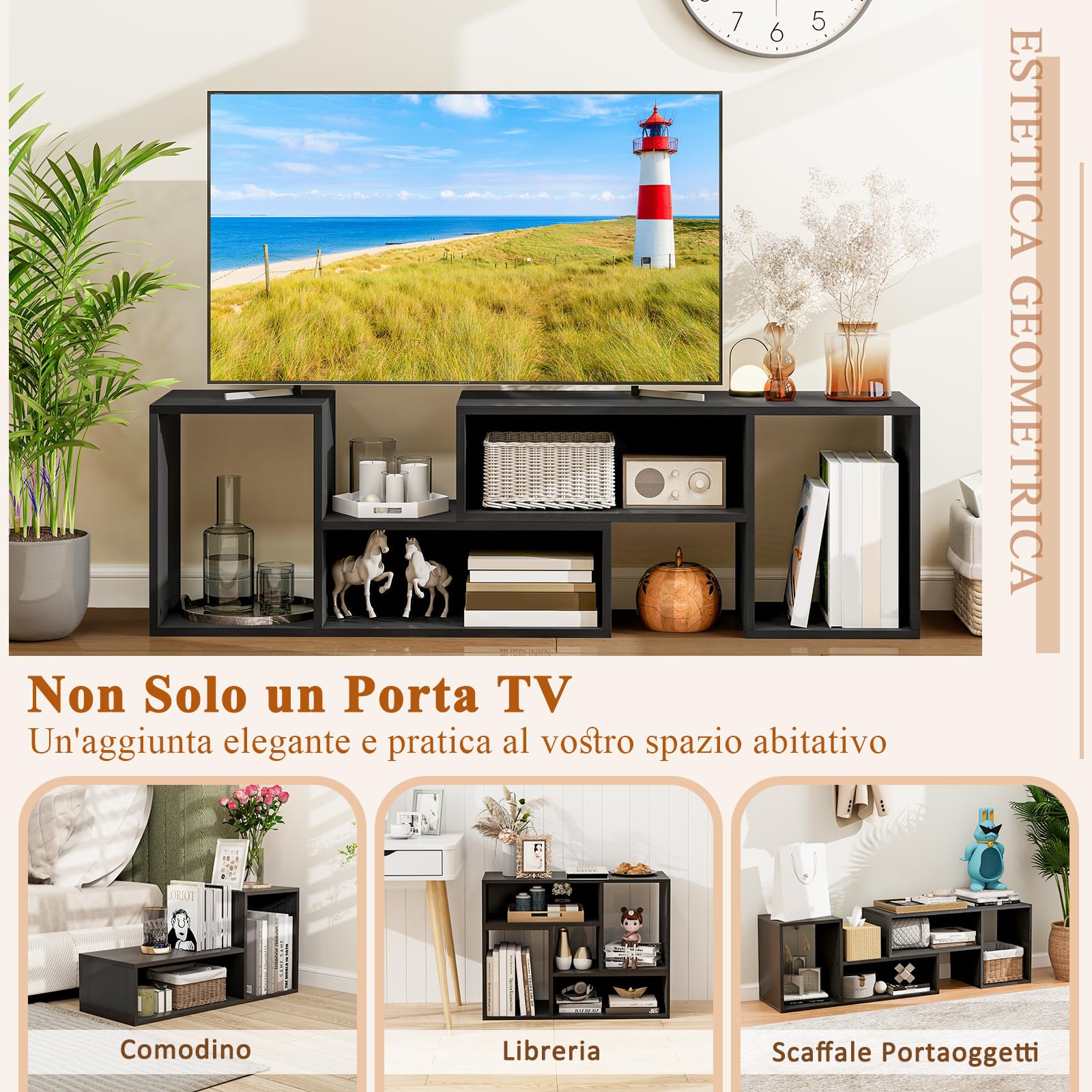 GYMAX Mobile TV Console da 32-60 Pollici Convertibile, 135 x 30 x 40 cm, Estensione e Rotazione Libera, Mobile Multimediale Porta TV, Cubi Aperti, Carico 50 kg, Soggiorno, Camera da Letto (Nero)