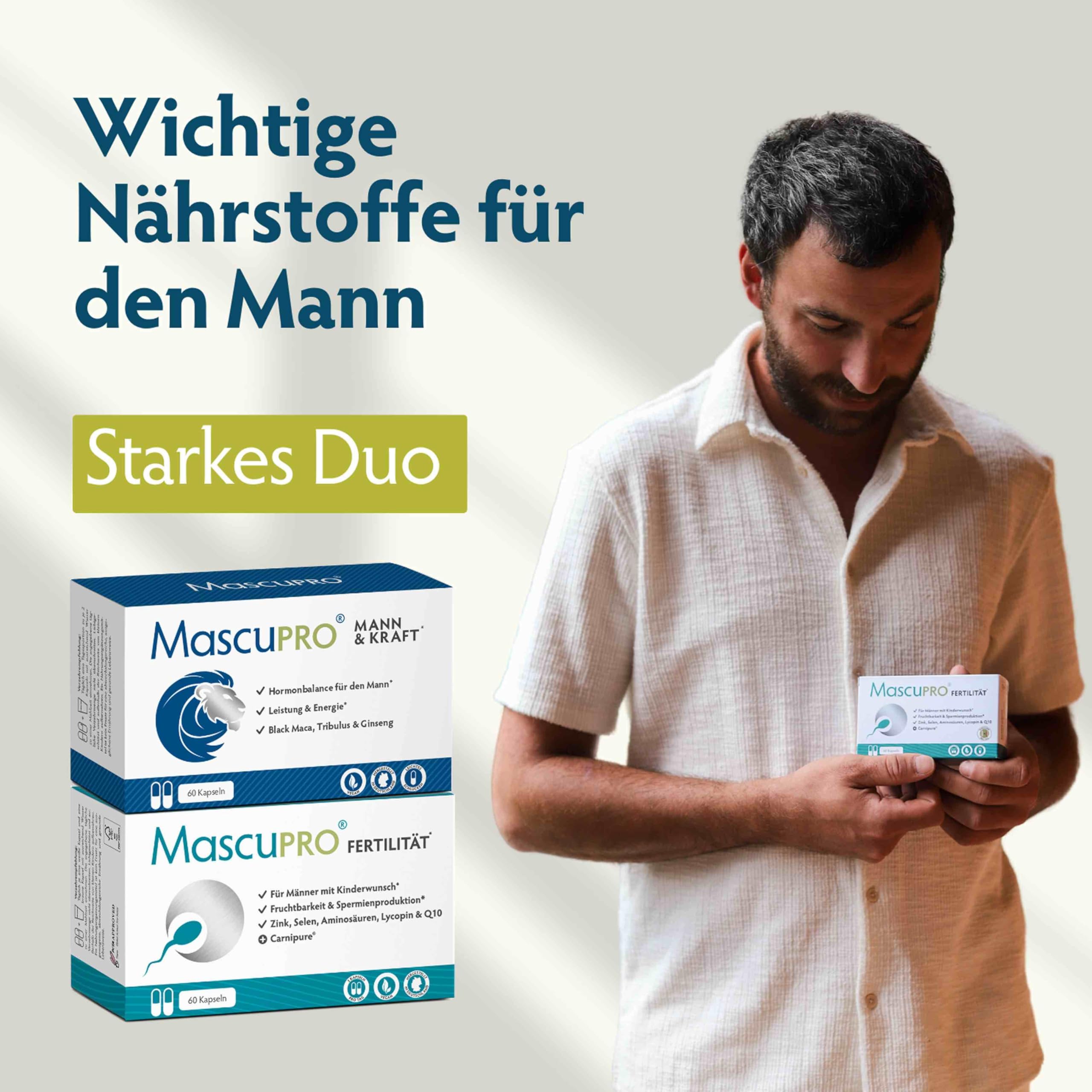 MascuPRO Fertilität | 18 Inhaltsstoffe | Fruchtbarkeit + Spermien | 60 vegane Kapseln | Zink, Selen, L-Carnitin, L- Arginin | Kinderwunsch Tabletten