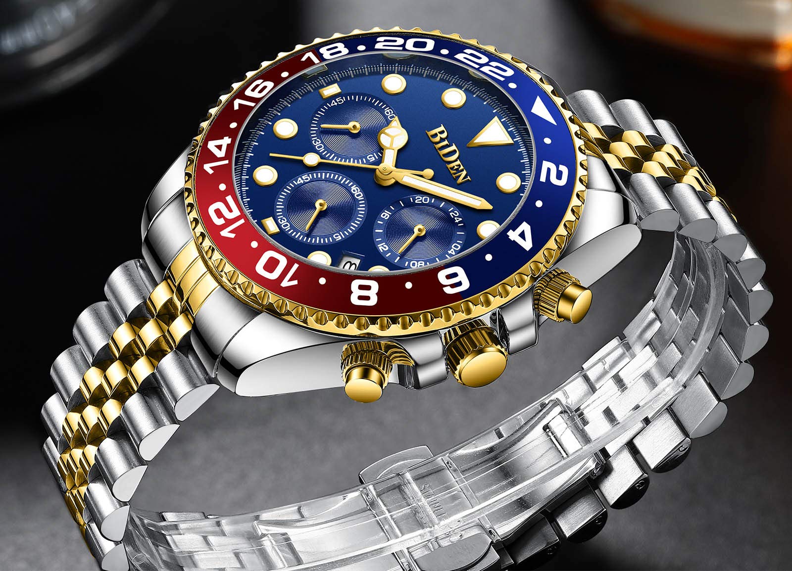 Relojes de pulsera de lujo para hombre, cronógrafo luminoso, analógico, de cuarzo, de acero inoxidable, a la moda, impermeable, Azul, Estándar para hombre, Japonés 3