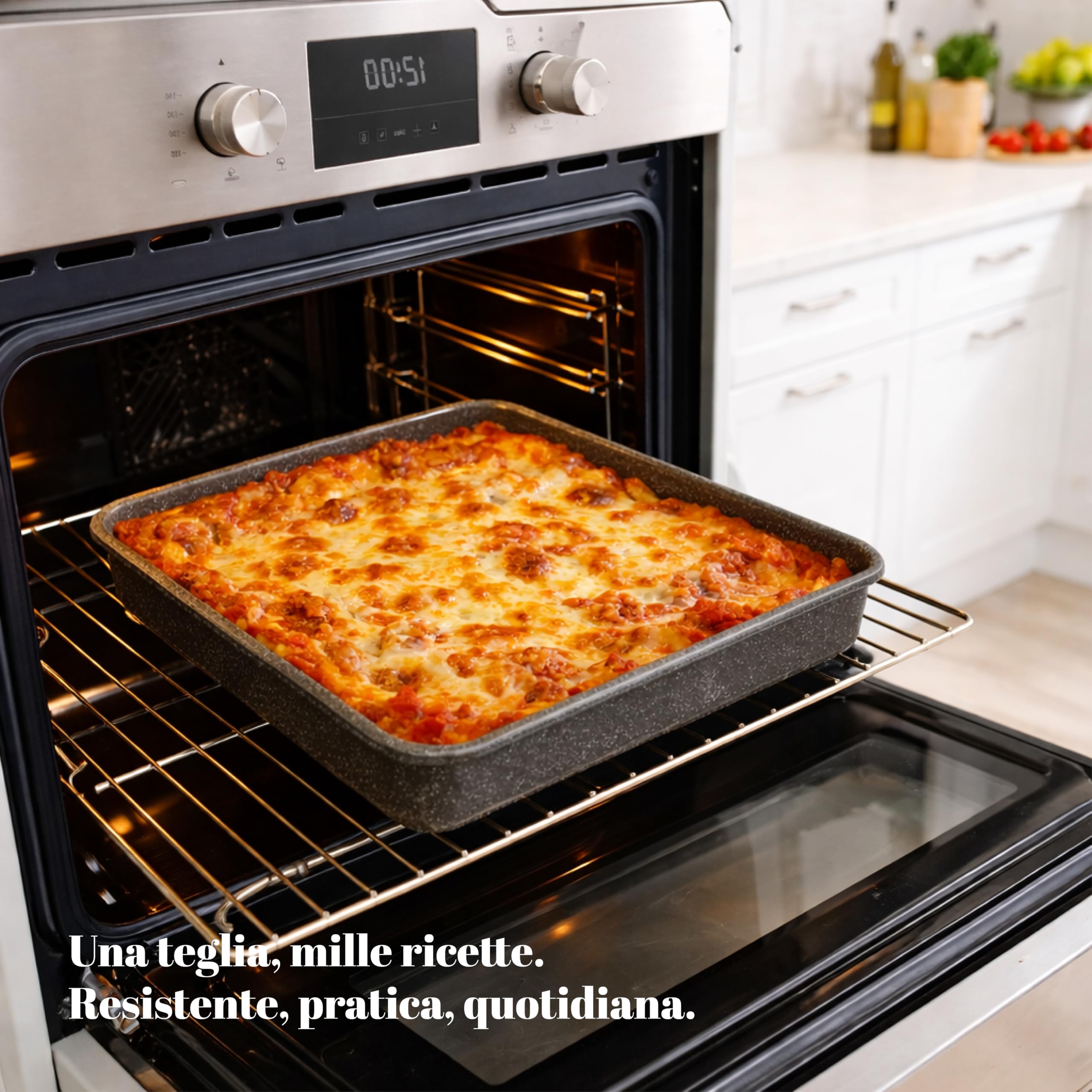 MA MAISON Set 2 Teglie da Forno in Alluminio - Professionali, Antiaderente, Antigraffio, Max 200°, Forno Gas, Elettrico, Lavastoviglie, Pizza, Cucina - Made in Italy (40x40x4h cm)