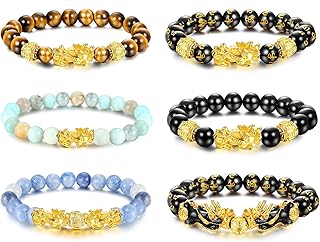 6Pcs Feng Shui Pixiu Good Luck Bracelets for Men Women Natural Stone Tiger Eye Bead Bracelet Pi Yao Chinese Dragon Charm Adjustable Feng Shui Black Obsidian Wealth Bracelet Set