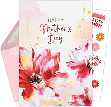Decorably Gold-Foiled 5x7in Textured Individual Happy Mothers Day Card for Mom with Floral Watercolor Design with Envelope and Stickers, with Printed Message Inside - Gifting, Mailing