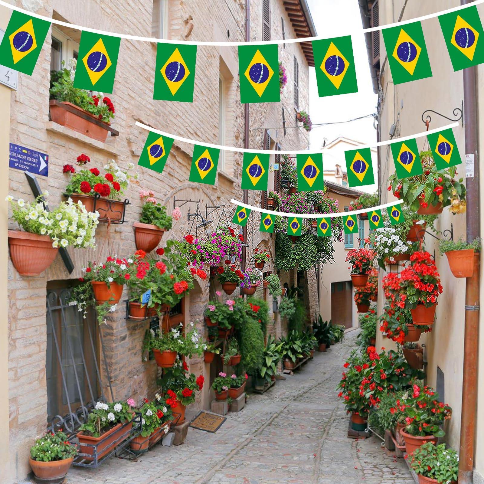 Kit Décoration Brésil - Drapeau 90x150cm, Guirlande 12m, 12 Drapeaux à Main - Pour Fête, Football, Jardin