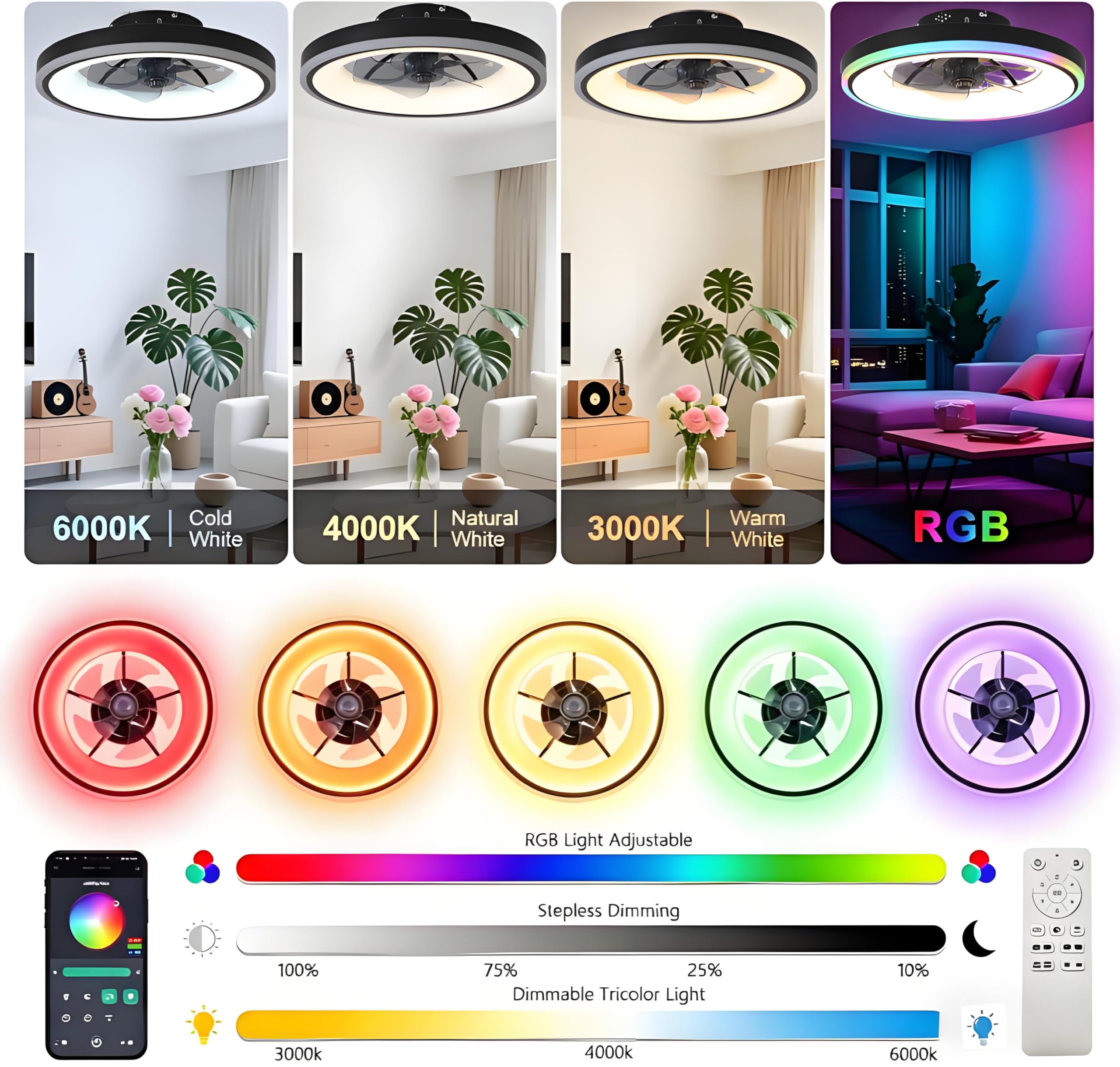 60W RGB Deckenventilator mit Beleuchtung, Leiser Deckenleuchte Mit Ventilator, Fernbedienung & APP, dimmbar (3000K-6500K), 50cm Lampe mit Ventilator, 6 Windstufen Timer, Schlaf- Wohnzimmer