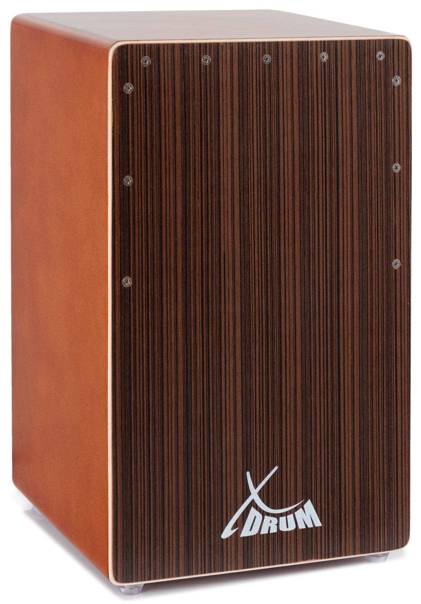 XDrum Cajon El Bajo Bass Port Cocoa Brown/Ebony Set - Cajon mit Bass POrt, Edelholz-Furnier-Schlagflächen & fest installiertem Snare Teppich inkl. Gigbag & Cajonschule für Einsteiger