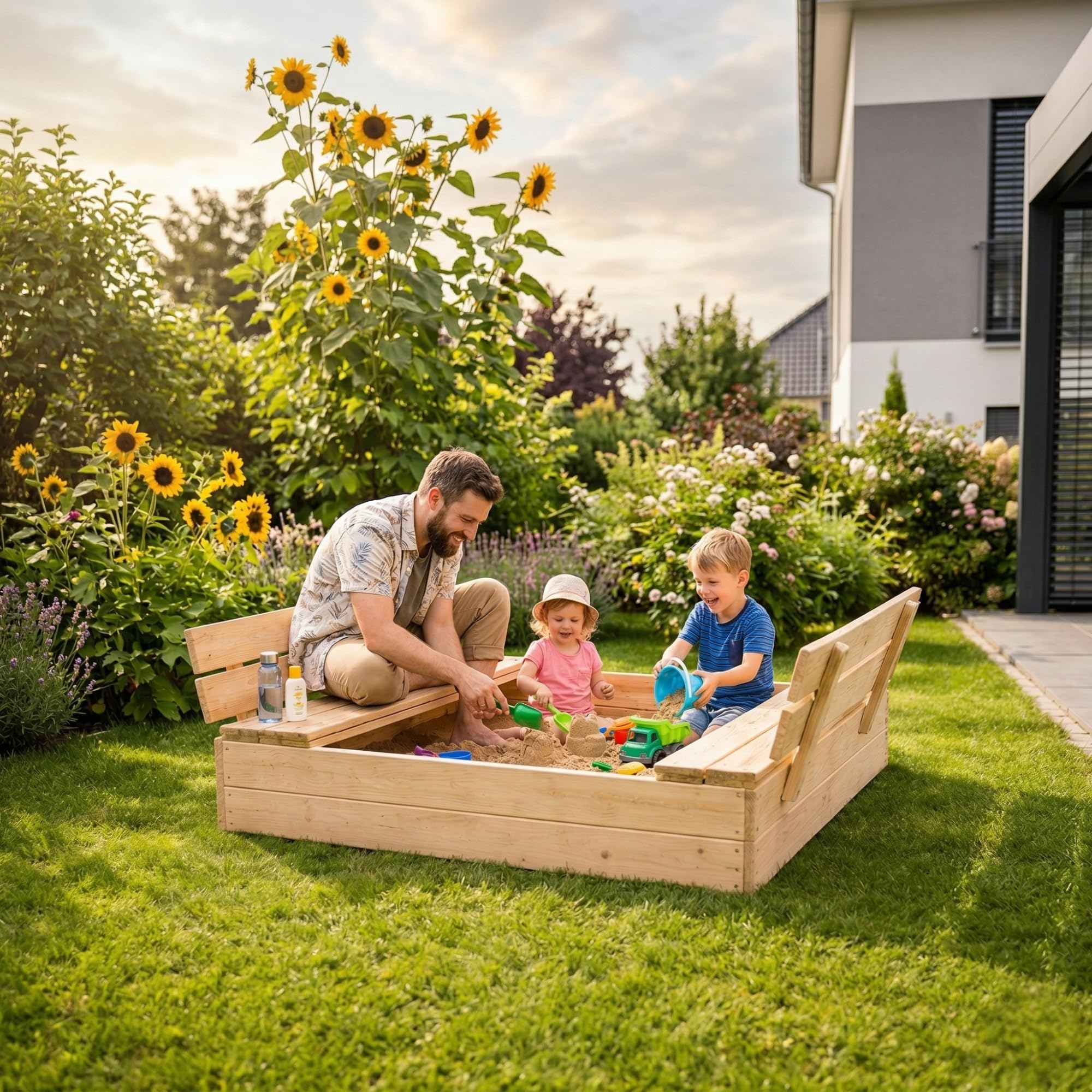 Sandkasten mit Abdeckung - 120 x 120 cm - Sandkasten Holz mit Deckel & Sitzbänken - Gartenspielzeug für Kinder - Sandkiste Imprägniert - Sandbox - Naturholz