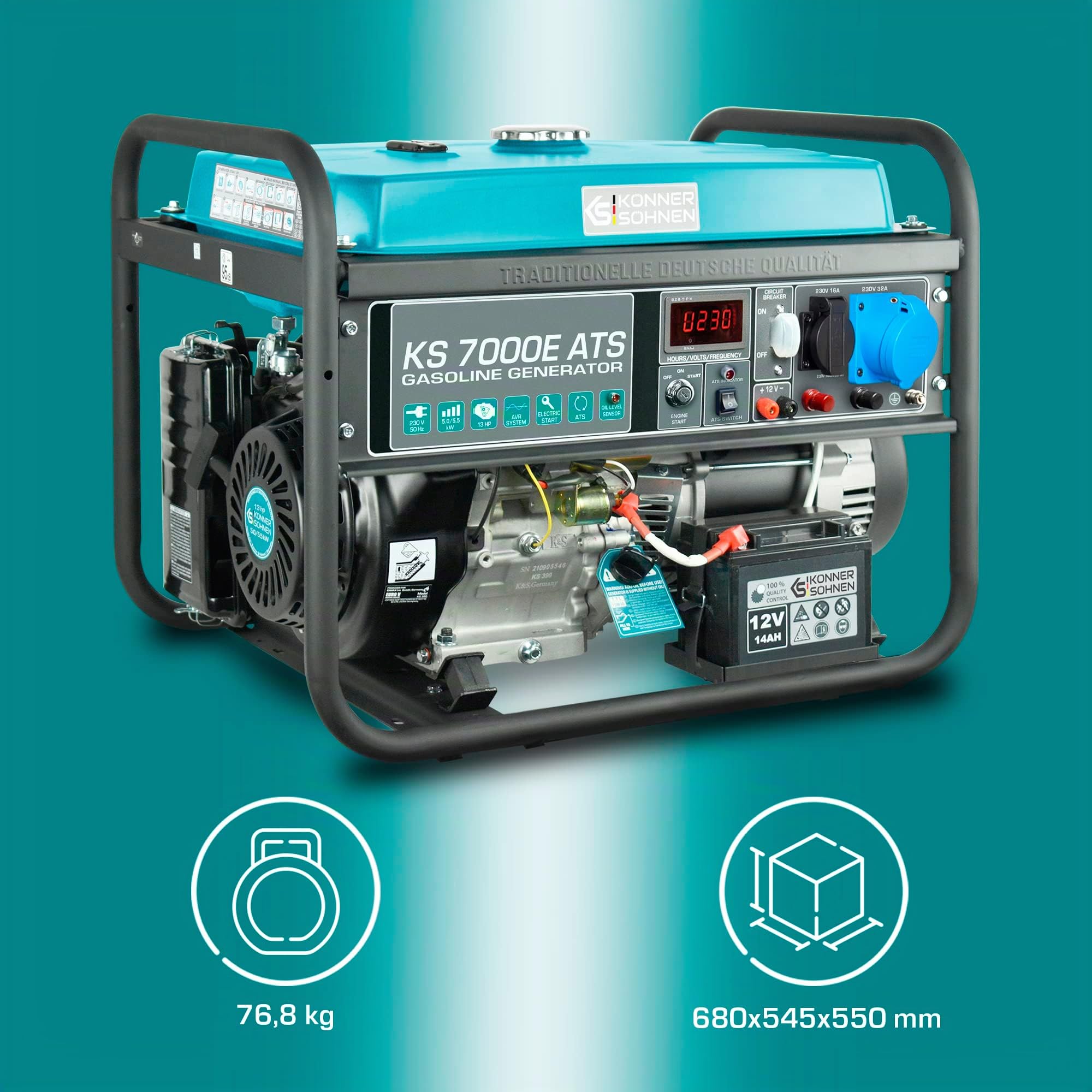 Könner & Söhnen KS 7000E ATS - 4-Takt Benzin Stromerzeuger 13 PS mit E-Start, Notstromautomatik, 1x16A, 1x32A (230V), Automatischer Spannungsregler, Anzeige, Generator für Haus, Garage, Werkstatt