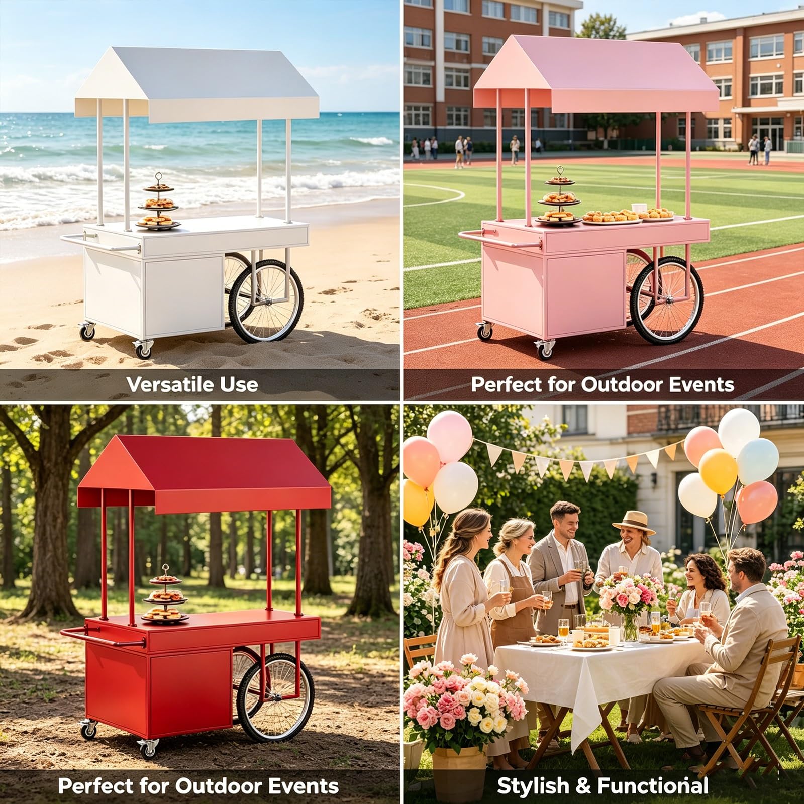 Gtzly Mobiler Lebensmittelverkaufswagen mit Verdeck, Tragbarer Blumenwagen, Eis- und Limonadenstand, Marktstand und Verkaufsstand für Hochzeiten und Märkte(White,55in/140cm)