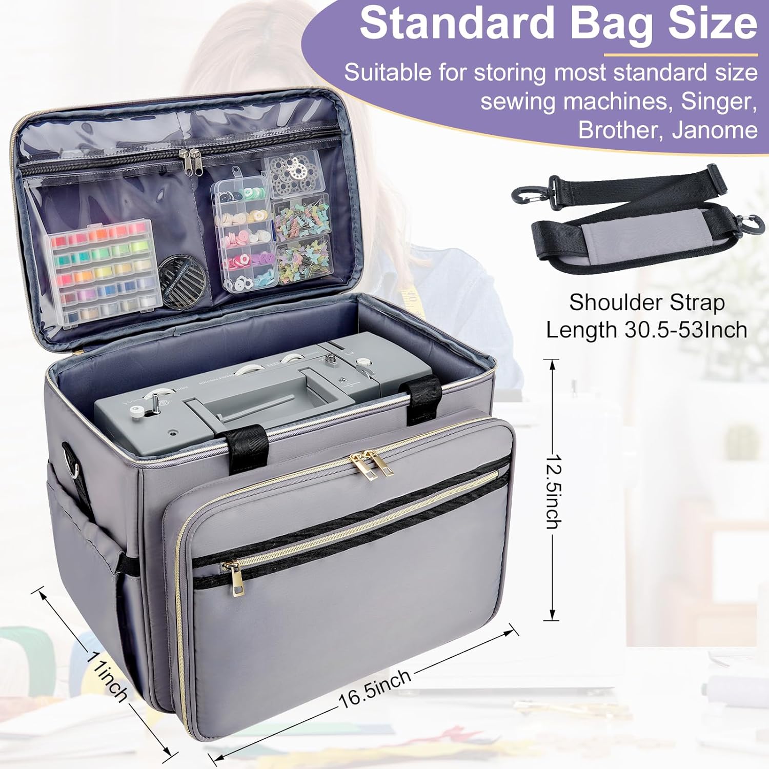 Sewing Machine Carrying Case with Removable Bottom Padding, Sewing Machine Bag Fits Most Standard Sewing Machines and Storage Sewing Accessories, for Singer, Brother, Janome, Gray，(Bag Only)