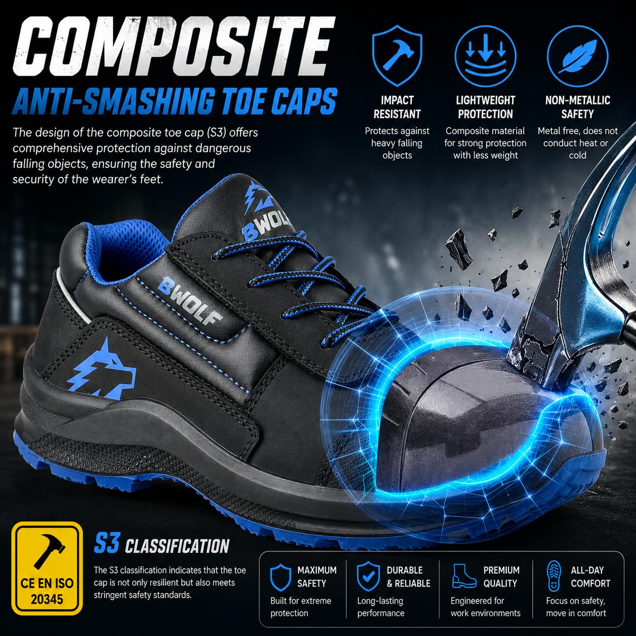 BWOLF Spire Arbeitsschuhe Herren S3 Sicherheitsschuhe Herren S3 Low wasserdicht, ölbeständig, 4x4 Grip Tech, Ergo-Sohlen