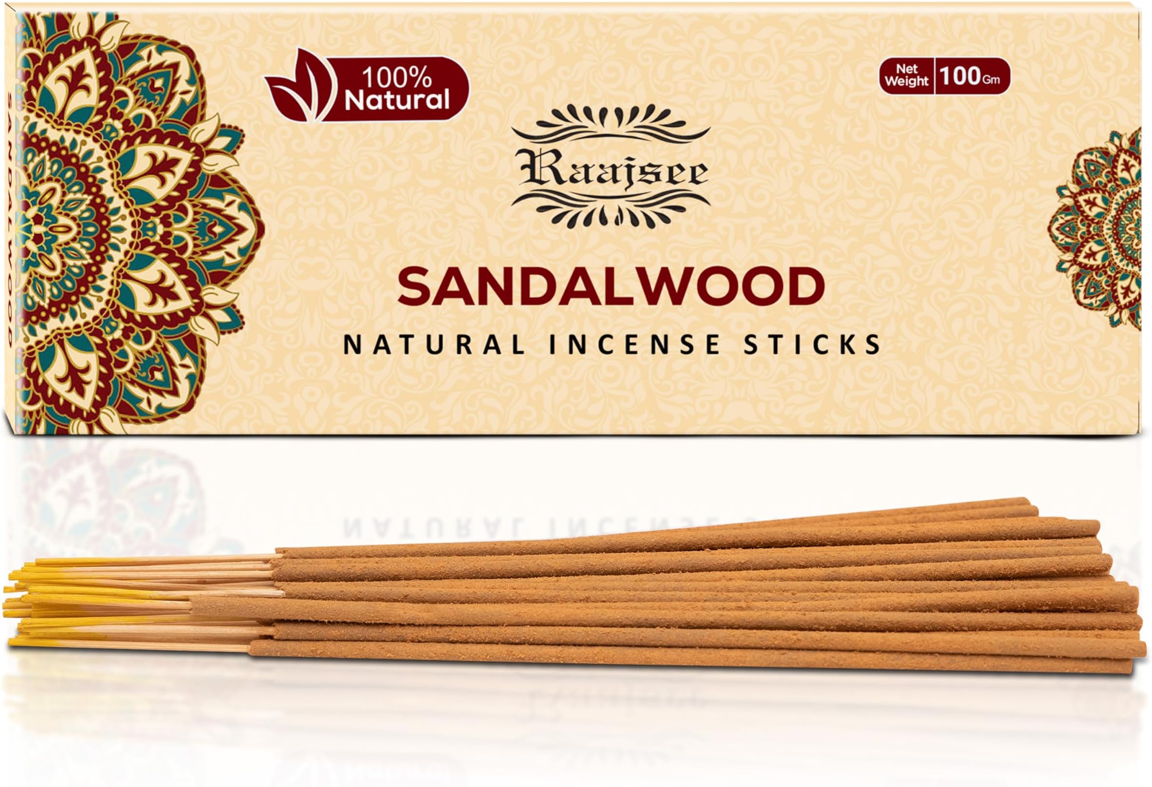 raajsee Sandalwood Incense Sticks 100 Gram Pack-100% Pure Natural Hand Rolled Free From Chemicals, Organic Insensé sticks Non Toxic- Perfect For Church, Aroma therapy, Meditation, scented Joss stick