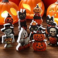 Vista 3 de Jetec 9 piezas de bonitas decoraciones de Halloween para interiores, bandeja escalonada de madera, letrero de mesa retro de calabaza, fantasma