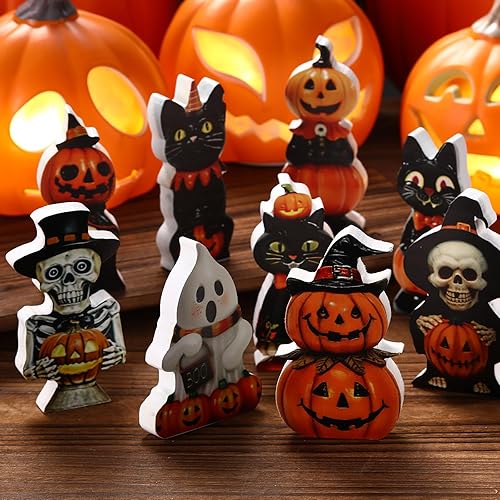Miniatura 3 de Jetec 9 piezas de bonitas decoraciones de Halloween para interiores, bandeja escalonada de madera, letrero de mesa retro de calabaza, fantasma,