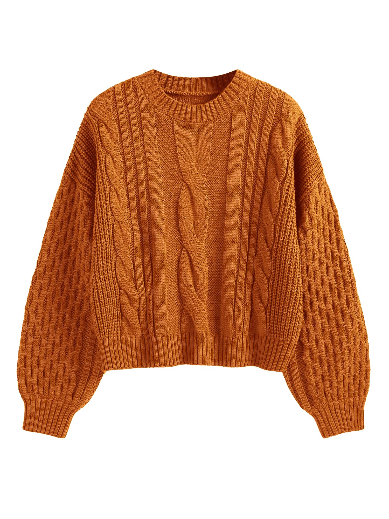 ZAFULWomen's Solid Knit Cable Sweater Casual Long Lantern Sleeve Pullover Crew Neck Knitted Tops