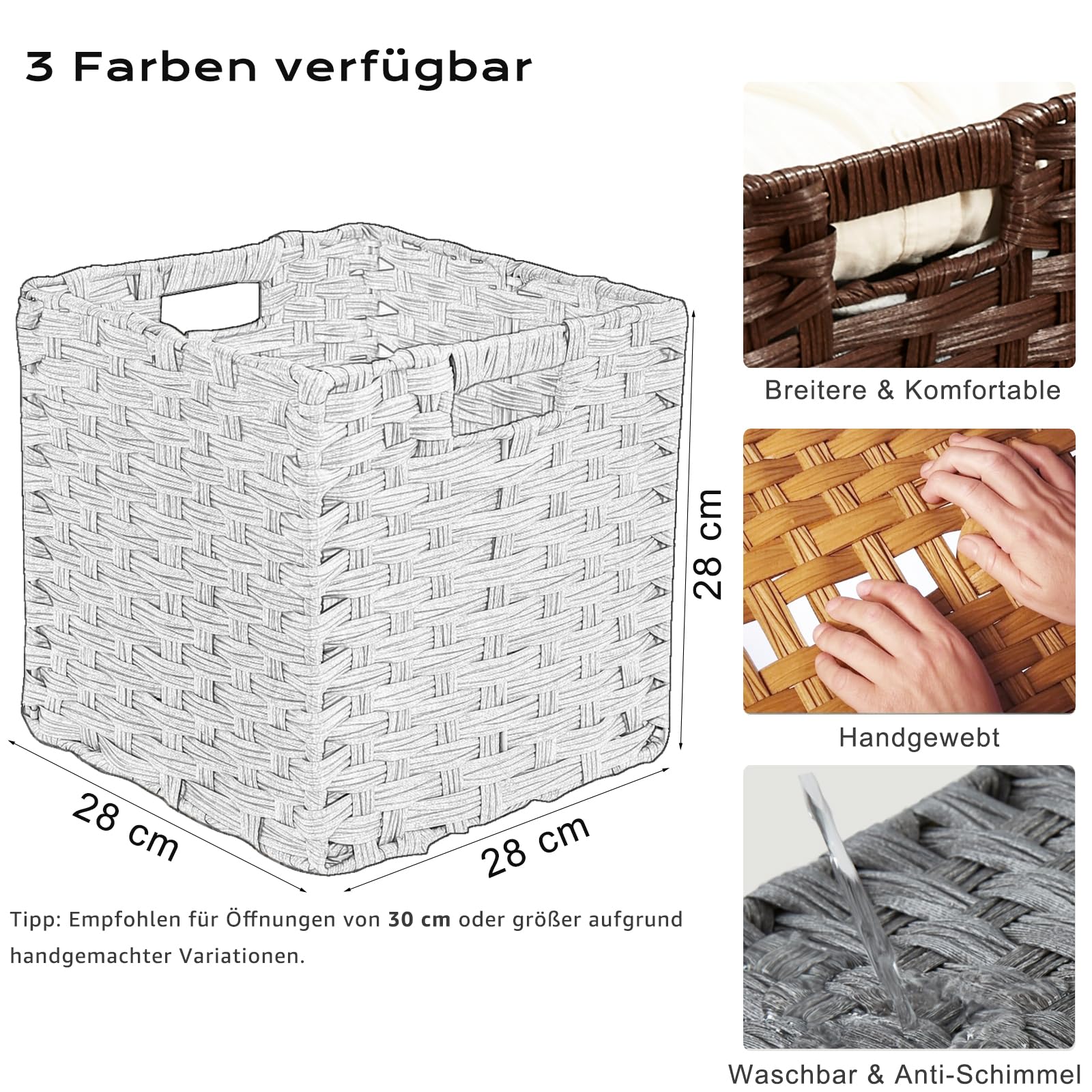 Mangata 4er-Set Körbe Aufbewahrung Geflochten aus Polypropylene, 28x28x28 cm, Quadratische Boxen mit Tragegriffen, Wasserdicht, Schimmelresistent, für Regale, Schränke, Bad(Grau)