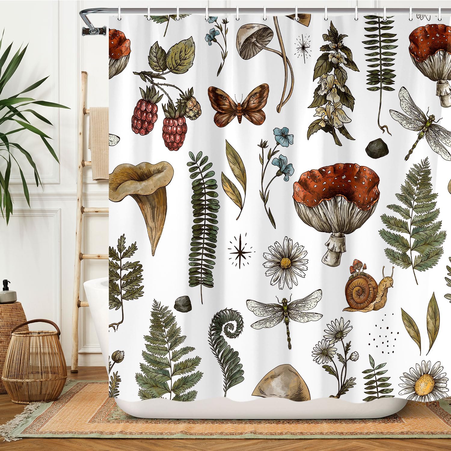 Vintage Mushroom Shower Curtain Botanical Mushroom Fern Forest Plants Fabric Shower Curtains for Bathroom Boho Shower Curtain Set with Hooks, Beige, 69 X 78 Inches
