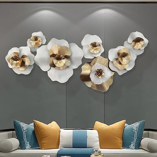 HVFF Decoración de pared de metal, flores blancas que florecen en estilo moderno, escultura de hierro 3D, colgantes de flores abiertas retro para