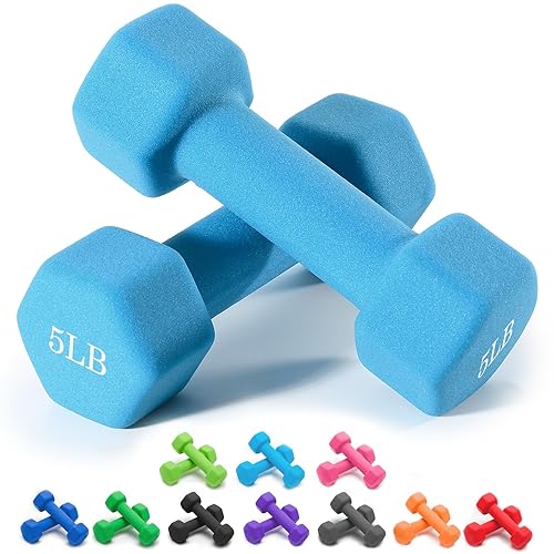Portzon Weights Dumbbells, Set of 2 Neoprene Dumbbells Set, Anti-Slip, Anti-roll, Hex Shape - Blue