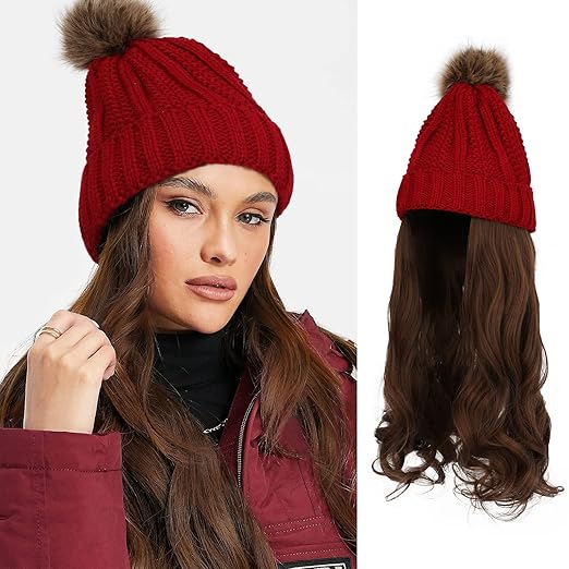 Genevert Beanie Hat Wig 20 Inch Long Curly Hairpieces
