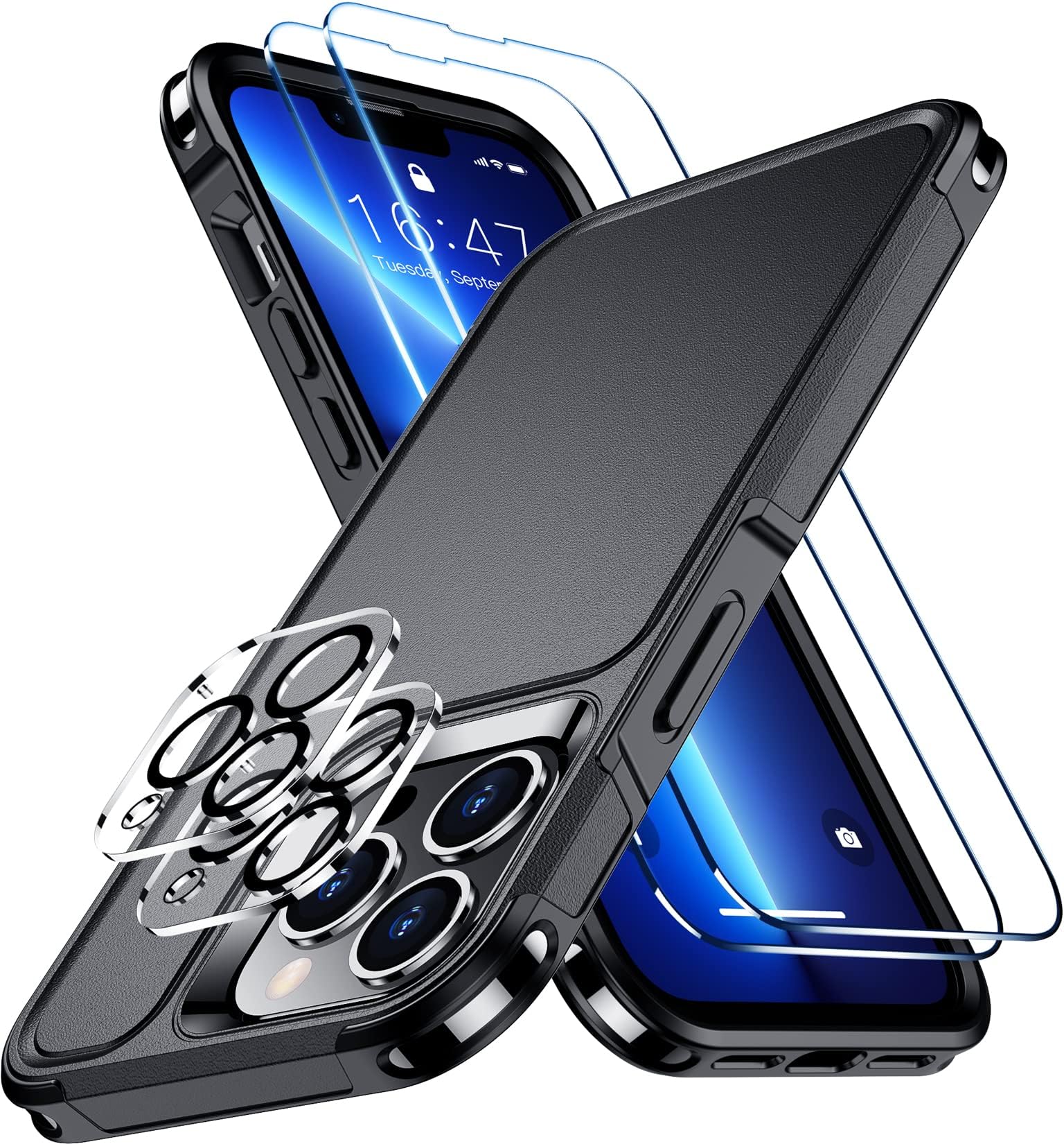 Red2Fire for iPhone 13 Pro Max Case, with 2X [Glass Screen Protector + Camera Lens Protector][12 FT Military Dropproof] Rugged Heavy Duty Full-Body Shockproof Phone Case Cover 6.7 inch-Black