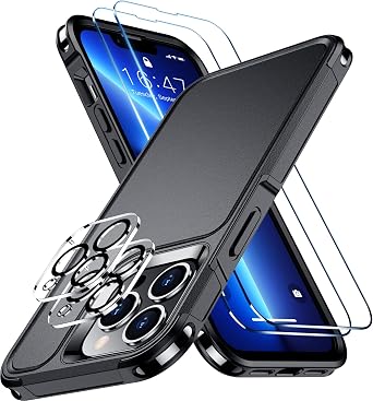Red2Fire for iPhone 13 Pro Max Case, with 2X [Glass Screen Protector + Camera Lens Protector][12 FT Military Dropproof] Rugged Heavy Duty Full-Body Shockproof Phone Case Cover 6.7 inch-Black