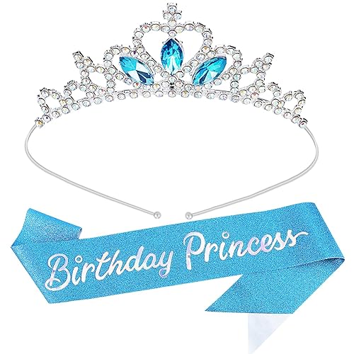 COCIDE Fajas y tiaras de princesa de cumpleaños para niñas, coronas y tiaras azules para mujeres, kit de accesorios de fiesta de cumpleaños, juego