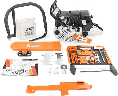 FARMMAC Motosierra de gas F660VW, NEOTEC Motosierra de 92 cc, 2 ciclos de gasolina, 5.2KW 7HP apto para barra de 252836 pulgadas, todas las piezas