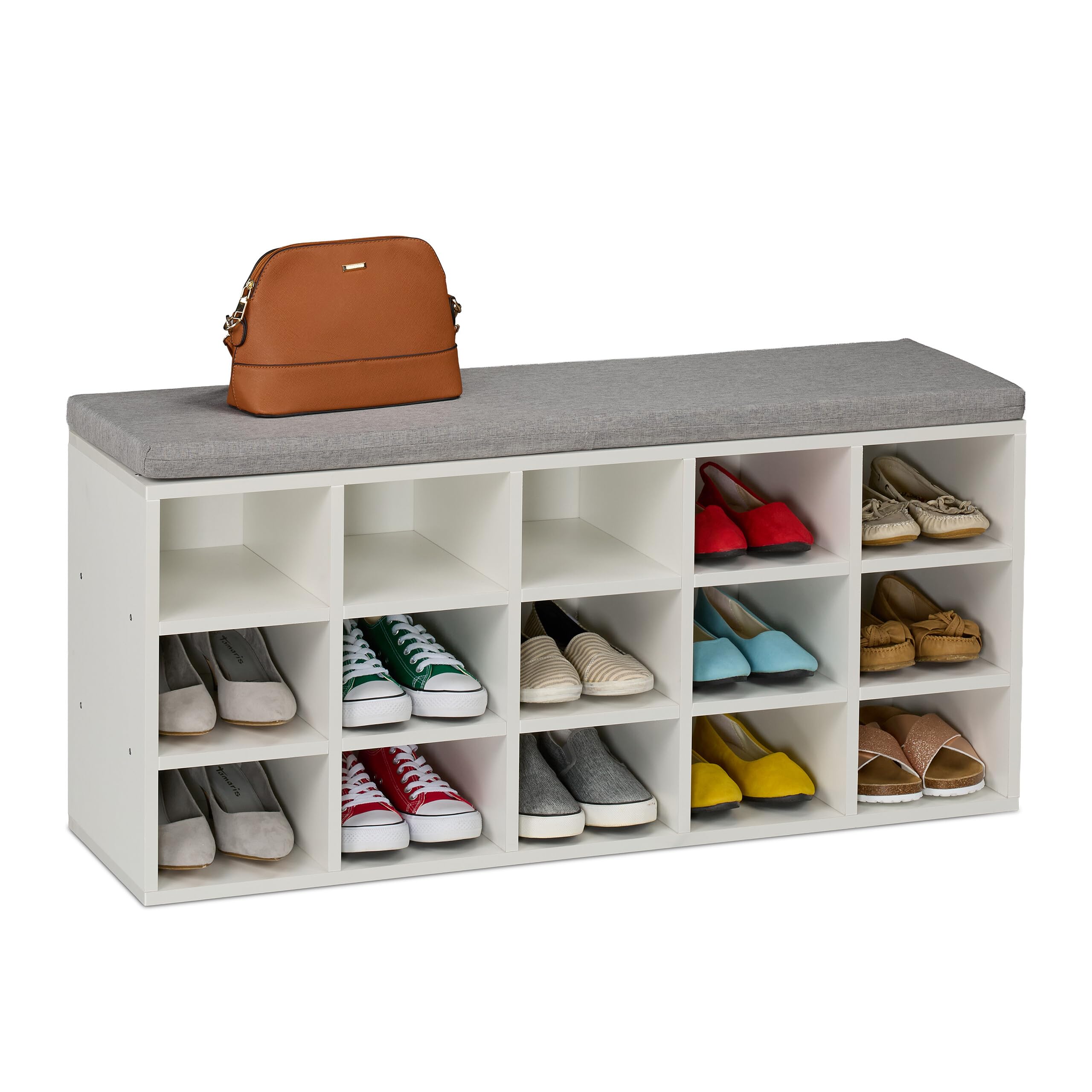 Relaxdays Banco Zapatero con Asiento, 15 Cajones, Tapizado, Pasillo o Entrada, Descalzadora, 48x105x30 cm, Blanco/Gris