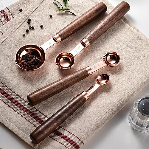 Miniatura 3 de JASHII Juego de 8 tazas y cucharas medidoras de oro rosa con mango de madera de acacia, herramientas de cocina de acero inoxidable para cocinar