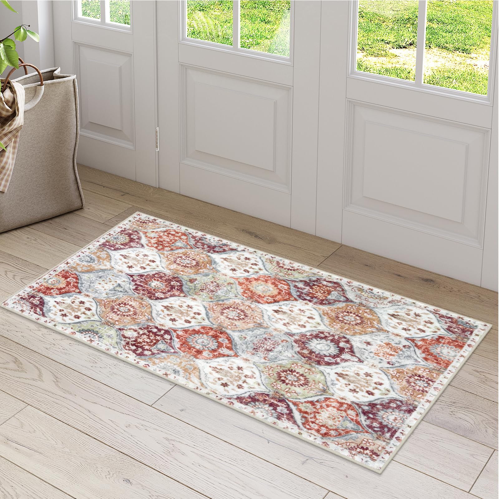Lahome Washable Entryway Rug, 2x4 Kitchen Rugs for Entryway Bathroom, Non-Slip Indoor Door Mat Ultra-Thin, Small Oriental Throw Carpet for Bedroom Entry, Orange/Terracotta Orange/Terracotta