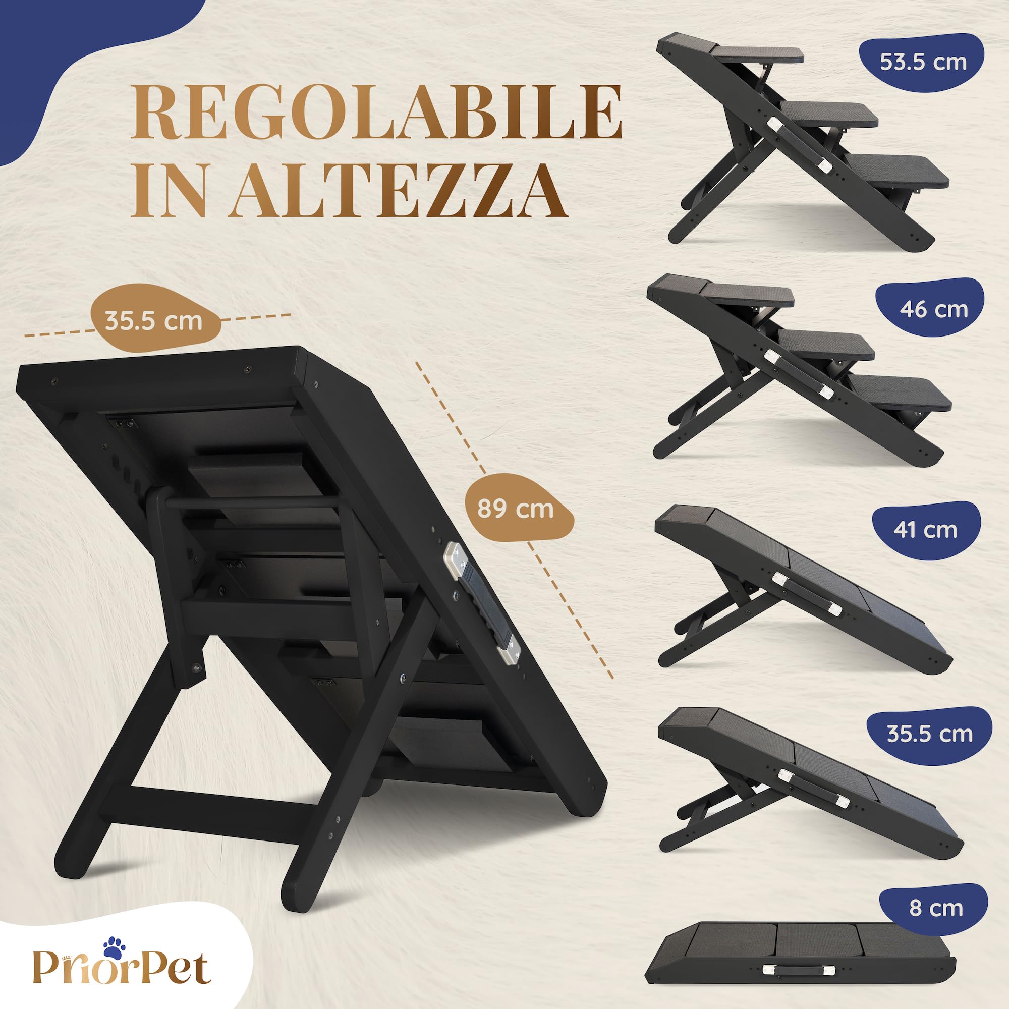 Scale per Cane 2 in 1 con Rampa Altezza Regolabile 18-50 cm Pet Gradini Piccoli Facile da Spostare Nero