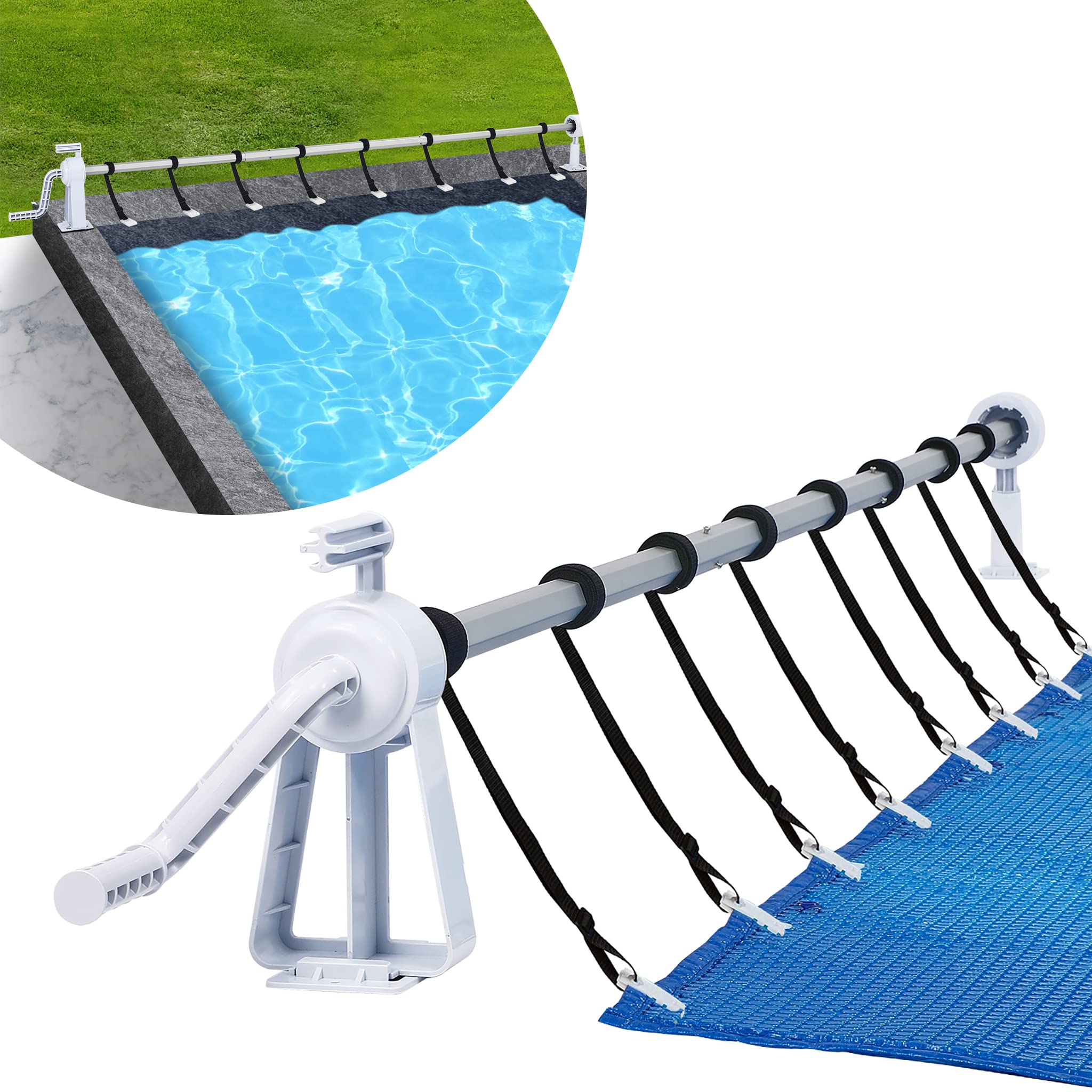 Pool Aufrollsystem 1,05m - 6,15 m Verstellbar | Alu Teleskoprohr | Pool Aufroller Aufrollvorrichtung Aufrollsystem für Solar- und Poolplanen, Abdeckplane, inkl. Bänder