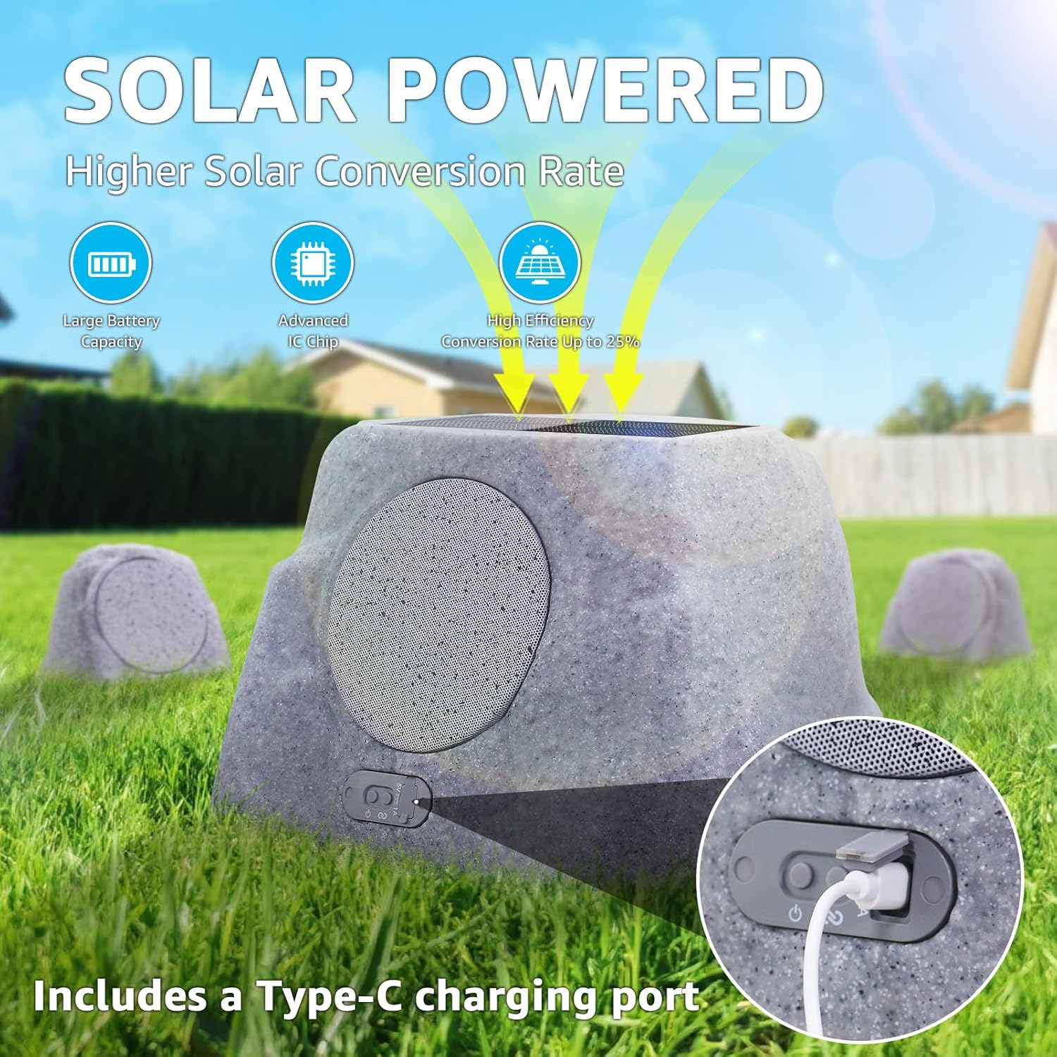 uuffoo 1-to-2 Solar Powered Rock Speakers Outdoor Water-Resistant IP44 Rock Speaker with Bass and USB Charging for Patio Pool Party Yard Garden Outside