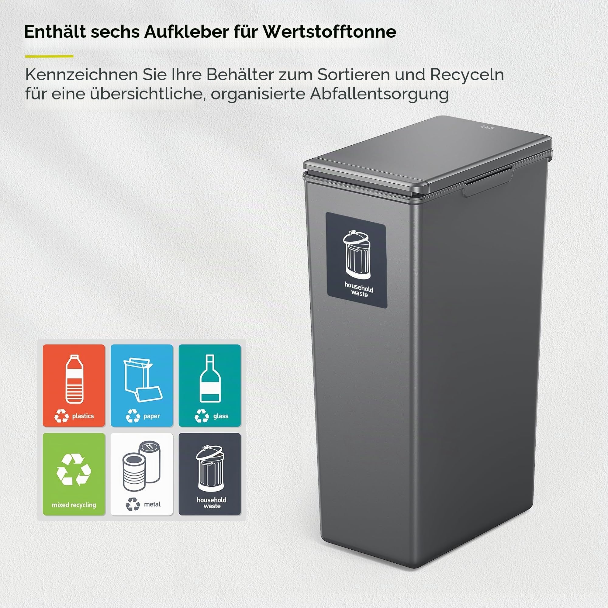 EKO Morandi 30L Küchen-Recycling-Mülleimer mit Touch-Top-Deckel, schlanker Kunststoff-Mülleimer mit Recycling-Aufklebern und leicht zu reinigender Oberfläche, kompaktes Design für Zuhause oder Büro