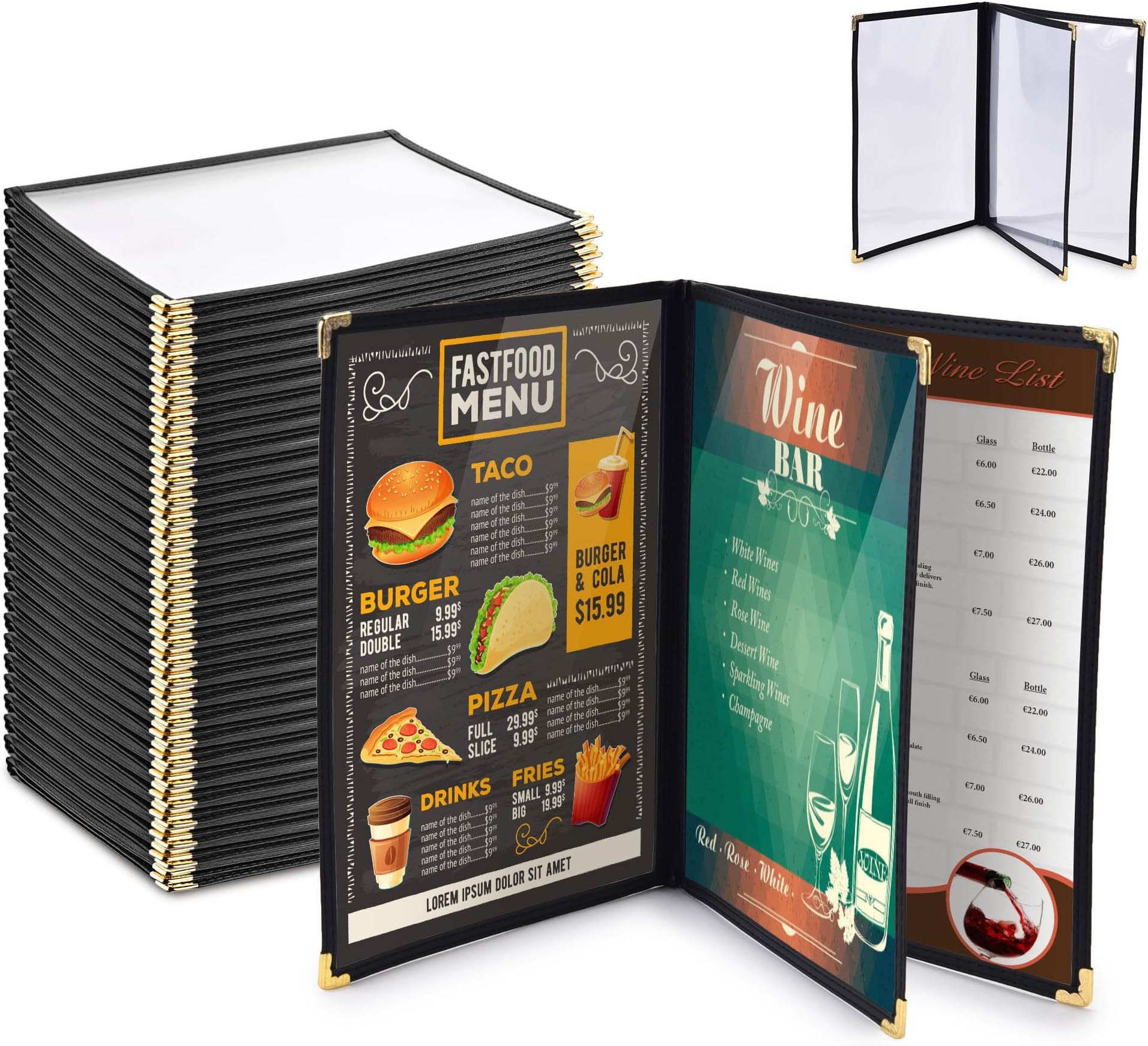 - WeChef 30 Pack Restaurant Menu Covers 8.5 x 11" Book Style 3 Pages 6 Views PVC Transparent Restaurant Menu Holder Book Cafe Hotel Bar Black