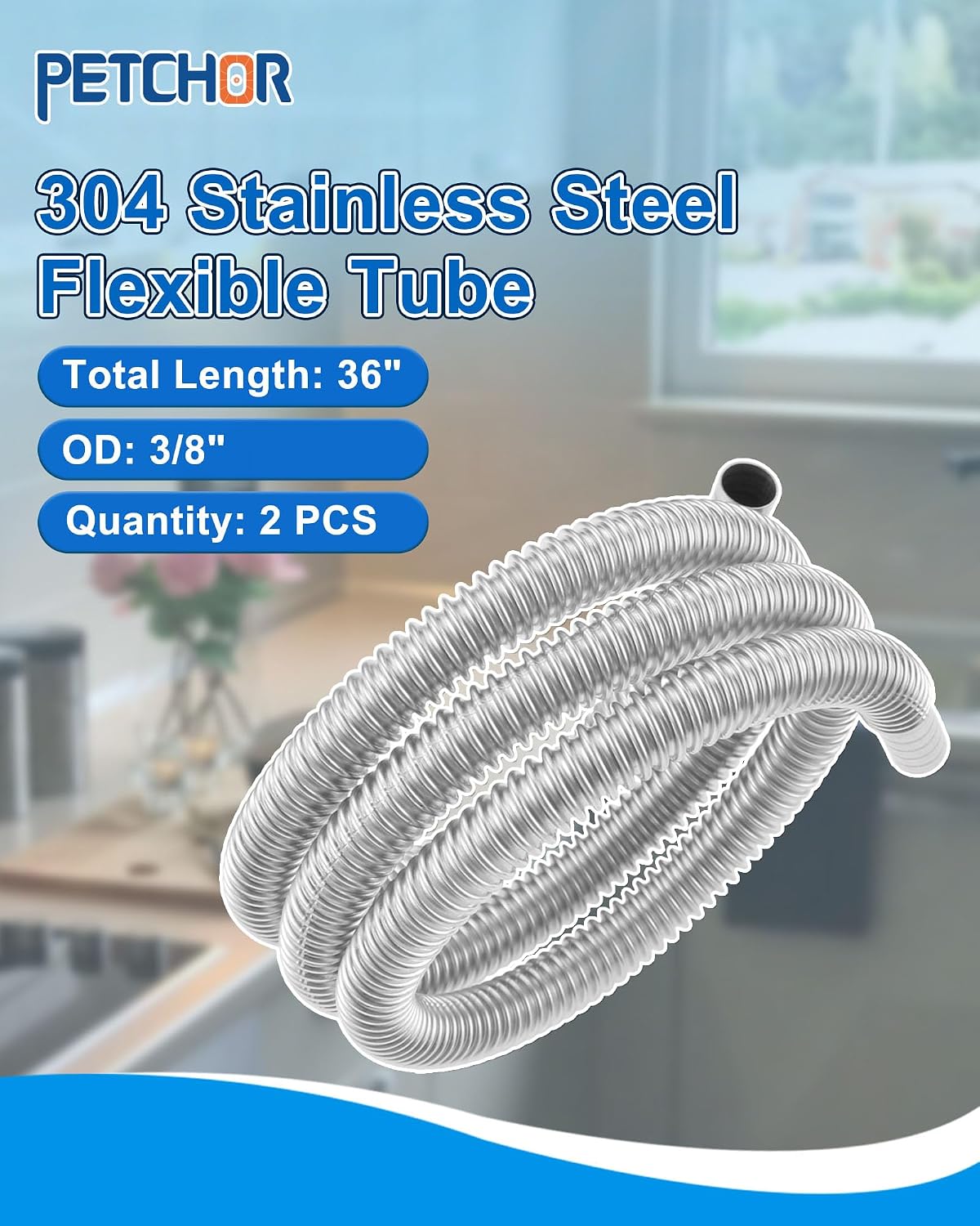 36 Inch 3/8" OD Stainless Steel Flexible Tube Pipe Compatible with Ranges Wolf, Jade and Other Brand Stoves, Corrugated Flex Line Tube Hose for Natural Gas Appliances 2PCS