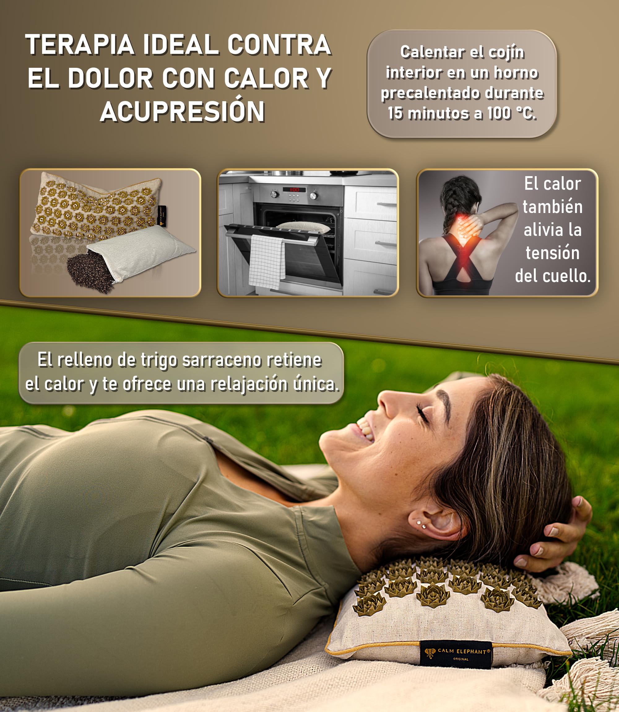 CALM ELEPHANT ORIGINAL Esterilla de Acupresión con Cojín XXL Set Genuine 5 Piezas, Masaje Espalda, Libera Tensiones, Cojín con Calor, Cojín Lumbar, Esterilla Pies y Bolsa - Beige