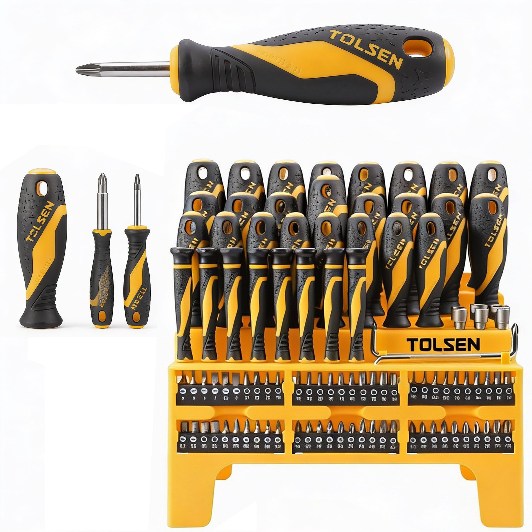 TOLSEN 20185 - Set di cacciaviti con supporto porta-cacciaviti 100 PZ CACCIAVITI ASSORTITI+INSERTI + BUSSOLE professionali