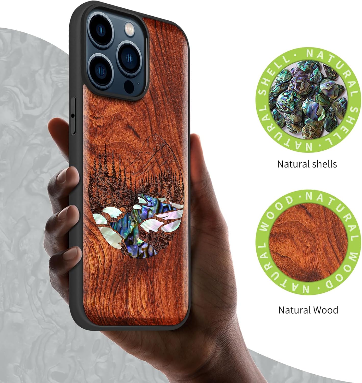 Carveit Wooden Case for iPhone 15 Pro Max Magnetic Case, Compatible with MagSafe Wireless Chargers, Shockproof Cover, Handmade Shell Inlaid & Wood Artisan Engraved (Natural Landscape) Rosy