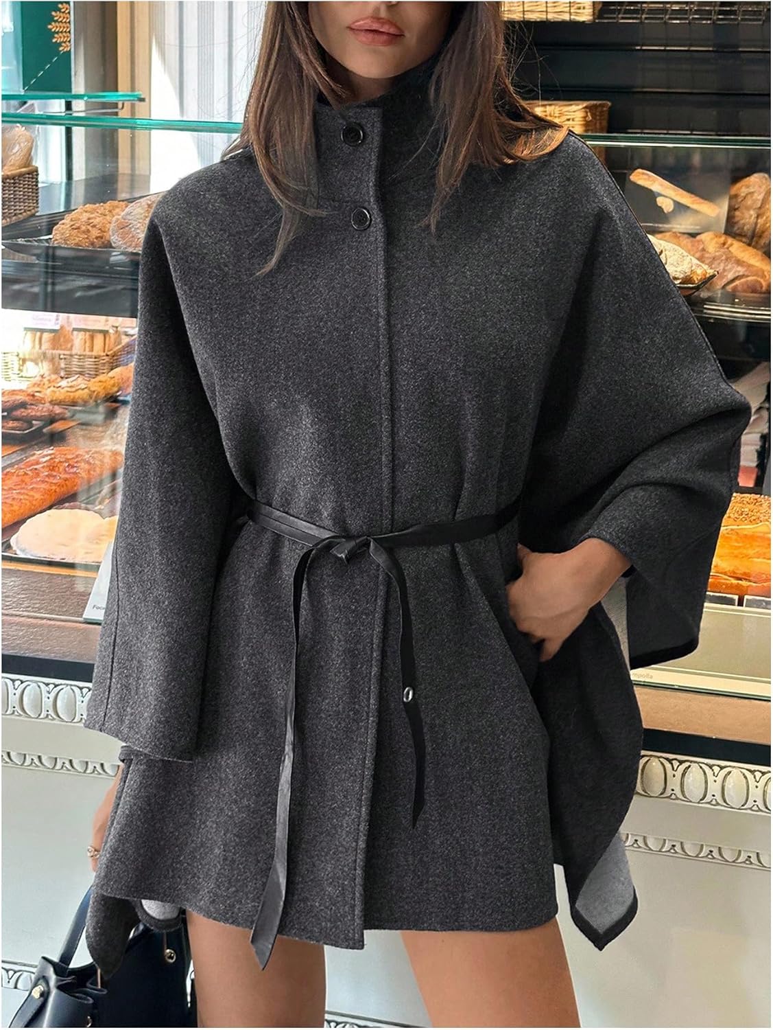 SOLY HUX Women's Elegant Ponchos Pea Coat Tie Front Stand Collar Winter Overcoat Outerwear - Image 2