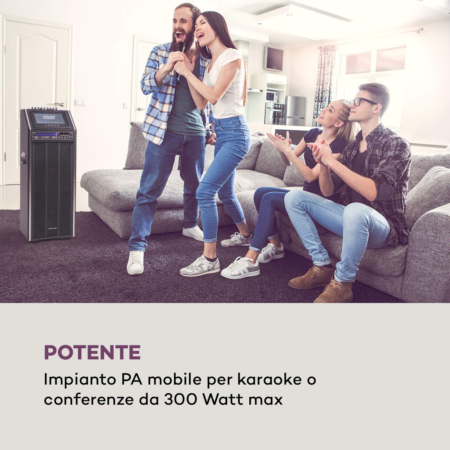 AUNA Pro DisGo Box 2100 DVD - Impianto PA Portatile, 300 W Max., Display TFT da 9" (23 cm), Lettore DVD, 2 Subwoofer da 10" (25,5 cm), Bluetooth, XMR Bass Technology, Microfono uhf Senza Fili, Nero