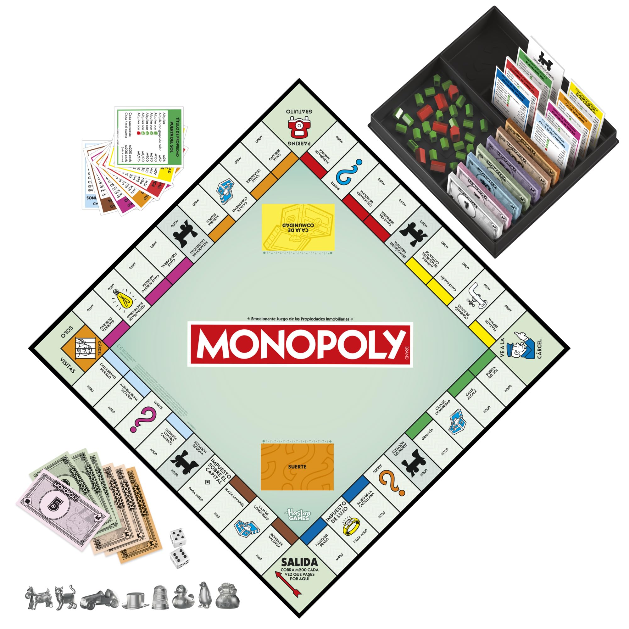 Hasbro Gaming, Monopoly Clásico, Juego de Mesa, Inversión en Familia, Tablero, Caja Almacenamiento, 6 Peones Grandes, Fiestas con Amigos, Multijugador, Dinero Colores, Juegos para niños y niñas