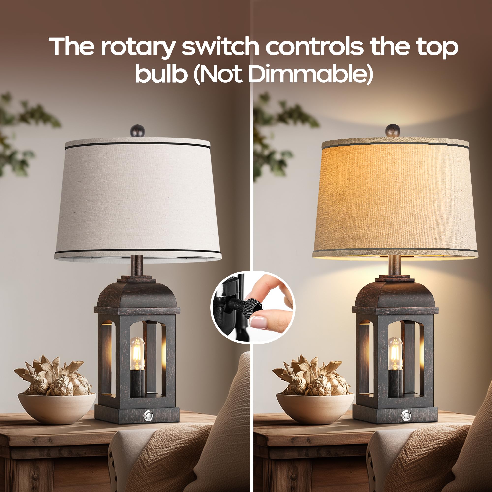 QiMH Lampada da tavolo per soggiorno, lampade da fattoria con USB A+C e luce notturna, lampade da comodino rustiche da 66 cm con controllo touch dimmerabile a 3 vie, lampada da comodino per camera da