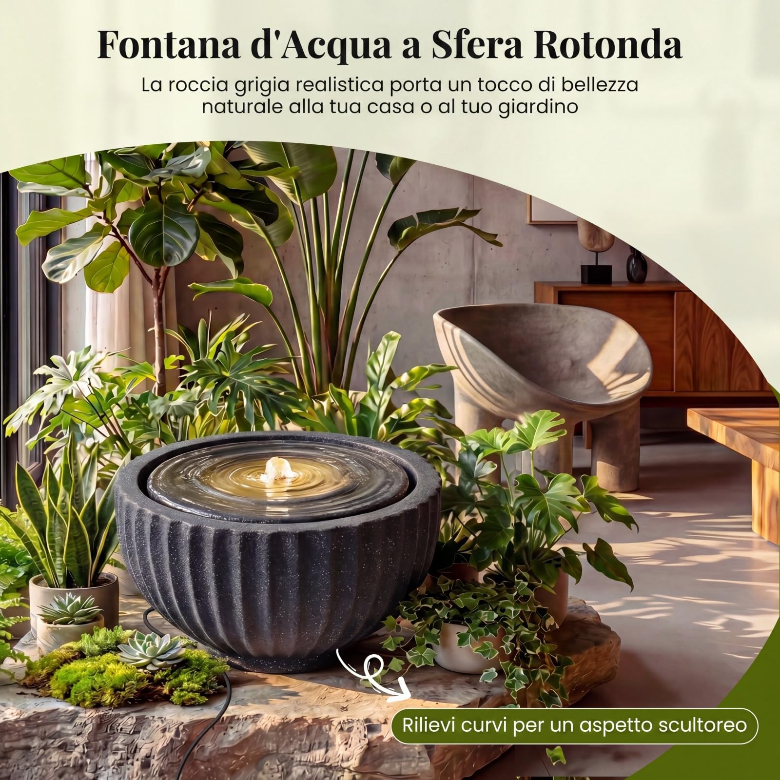 COSTWAY Fontana da Giardino, Fontanella Elettrica da Interno ed Esterno con Luci e Flusso d'Acqua Regolabile, Fontana a Forma di Ciotola con Effetto di Pietra da Terrazza e Balcone
