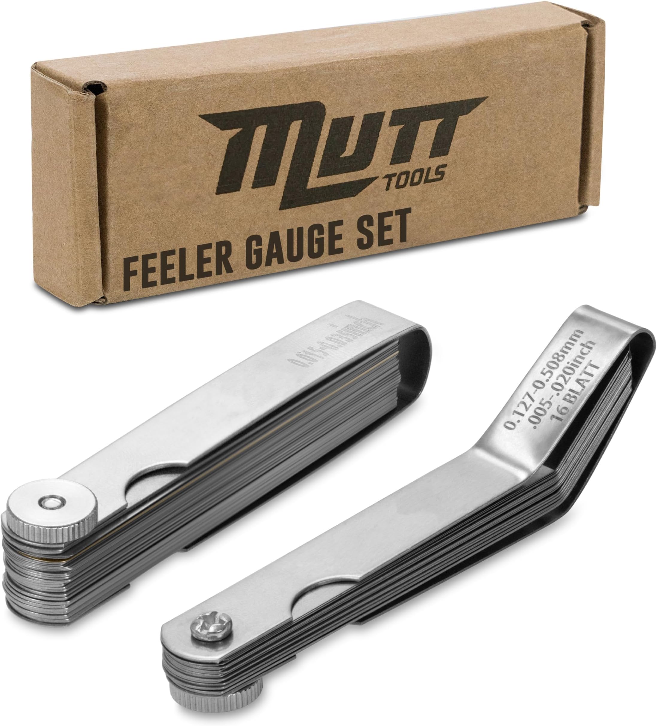 Mutt Tools 2pc Feeler Gauge Set - Premium Straight & Angled Feeler Gauges for Valves - Inch and Metric Measurement - Gap Tool for Automotive